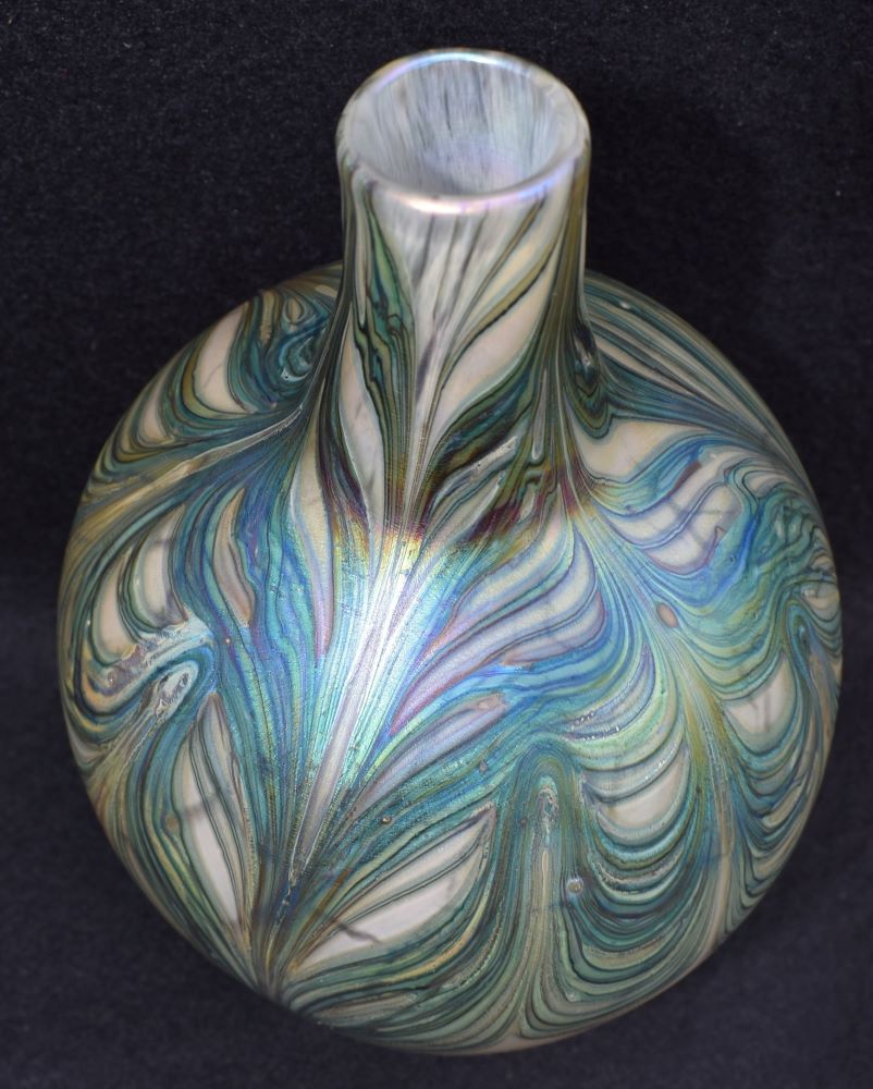Loetz Style Bohemian Art Glass Marbled Blue Iridescent Ovoid Vase